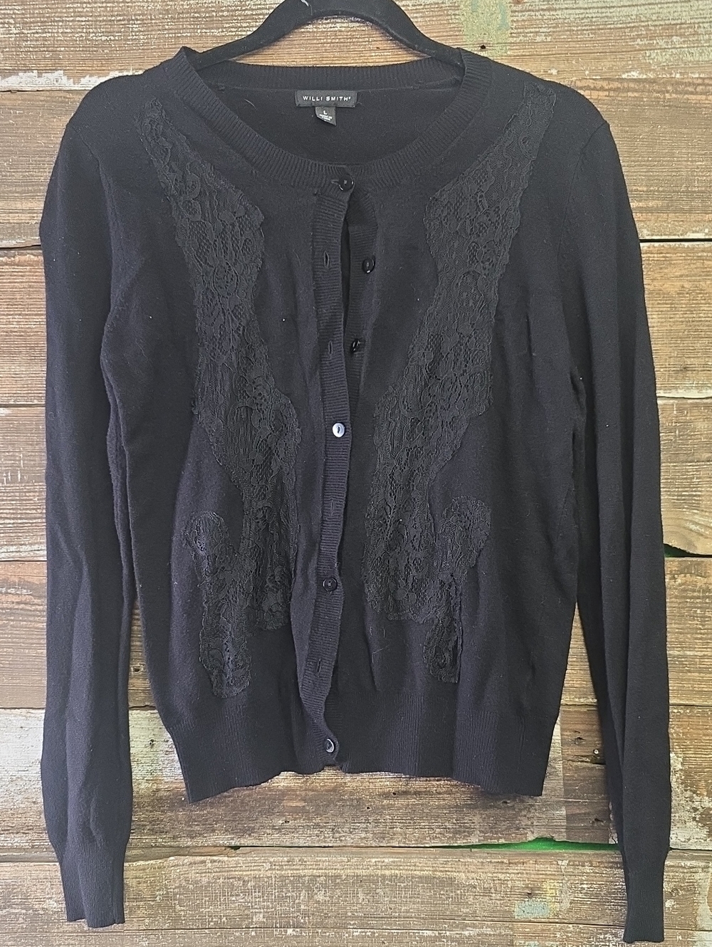 Willi Smith Black Lace-Panel Crewneck Cardigan, Size L